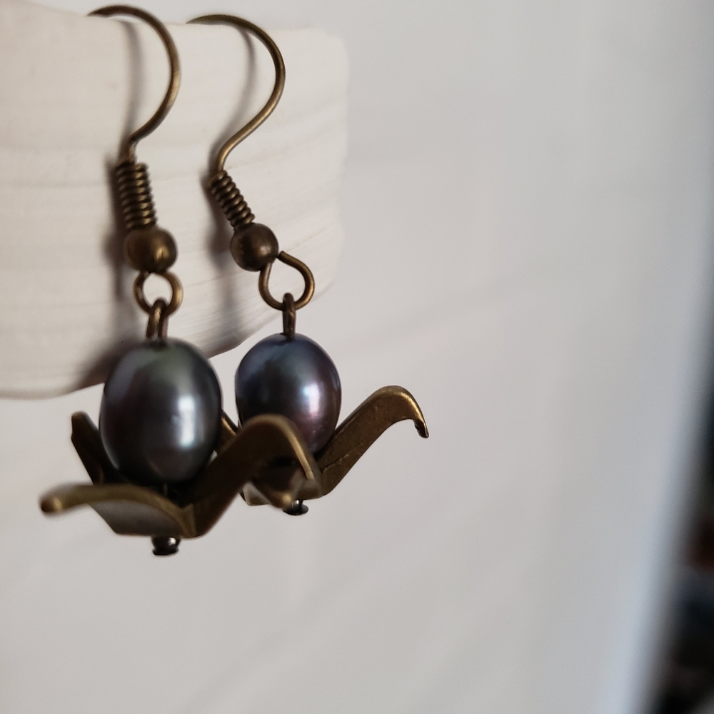 Handmade Bronze Japanese Crane & Antique Purple Fresh Water Pearl Earrings